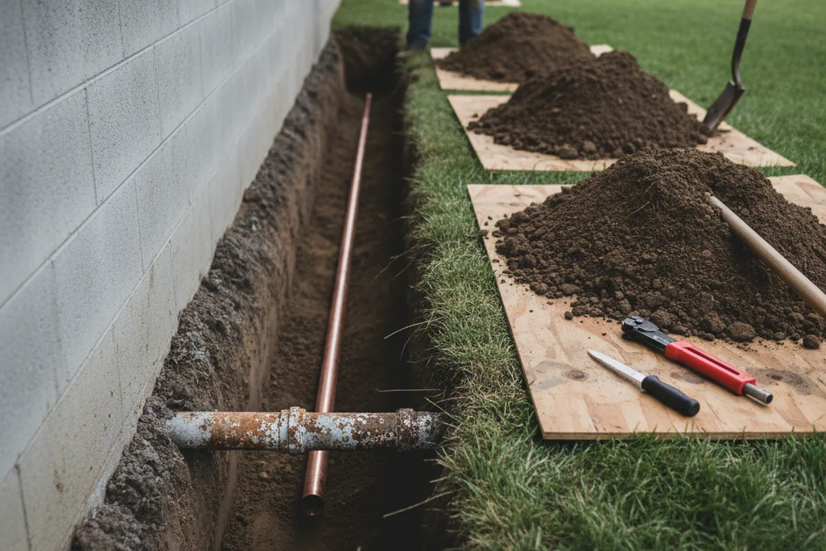 Excavated water line trench during Water Softener Installation in Sumterville